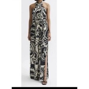 Reiss Hallie Halter Maxi Dress Black Ivory Print Italian Fabric Size 4
